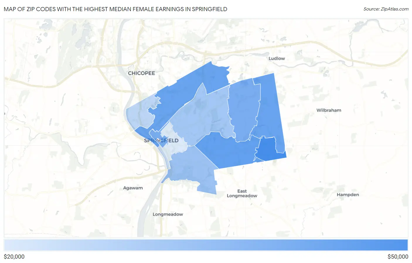 Zip Codes with the Highest Median Female Earnings in Springfield Map