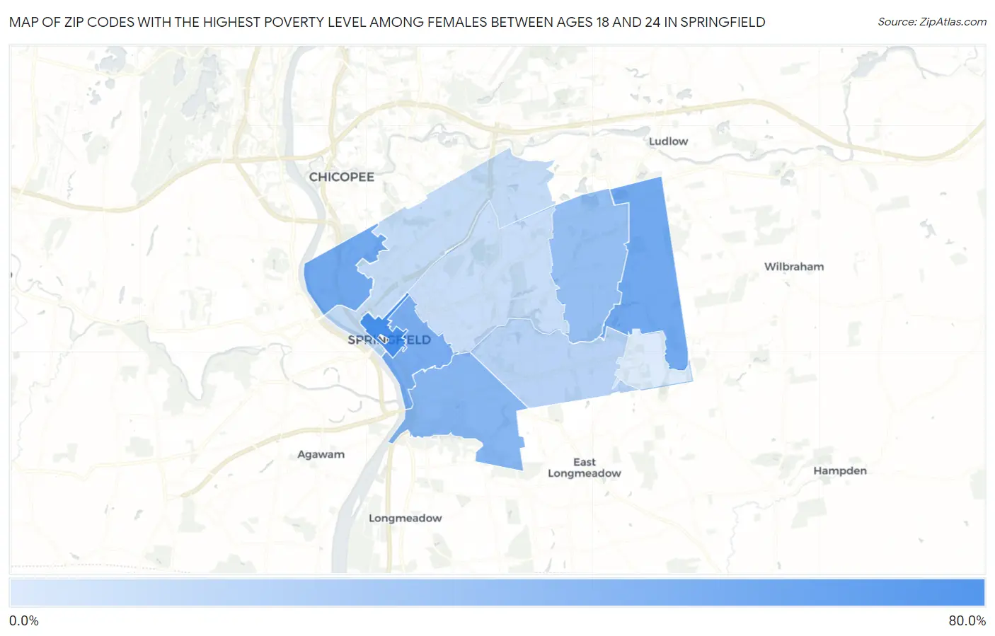 Zip Codes with the Highest Poverty Level Among Females Between Ages 18 and 24 in Springfield Map