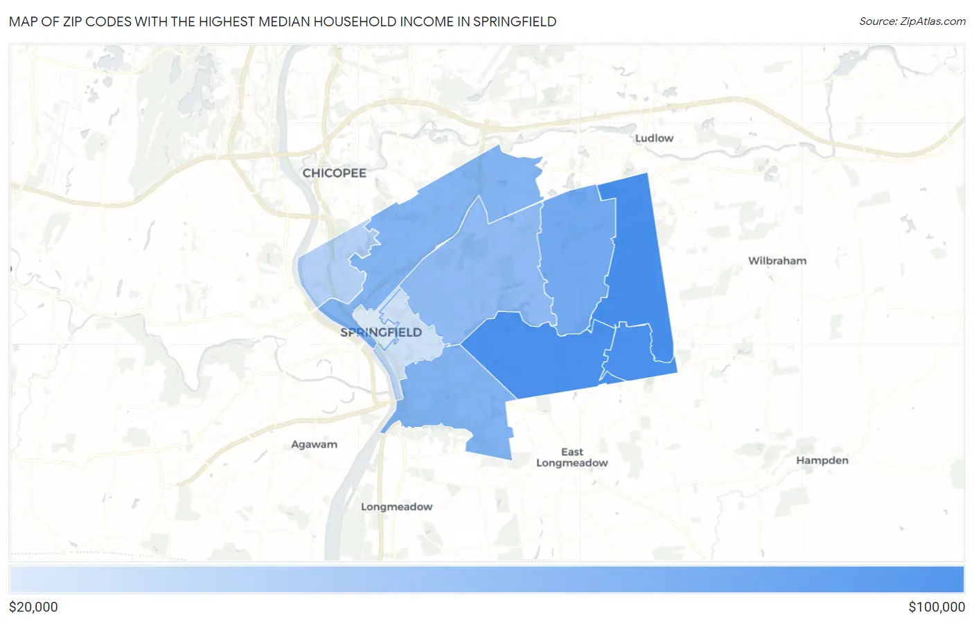 Zip Codes with the Highest Median Household Income in Springfield Map