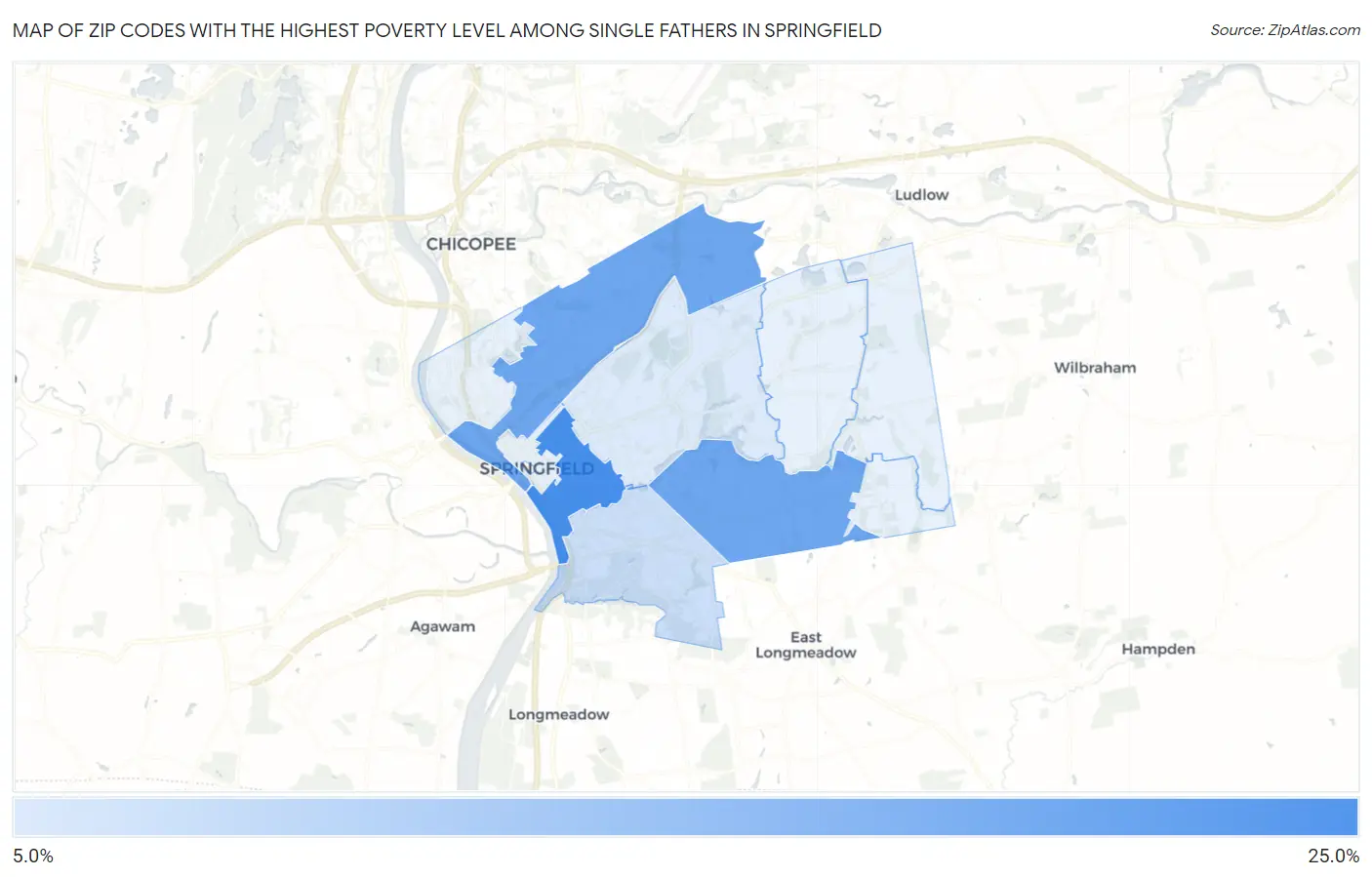 Zip Codes with the Highest Poverty Level Among Single Fathers in Springfield Map