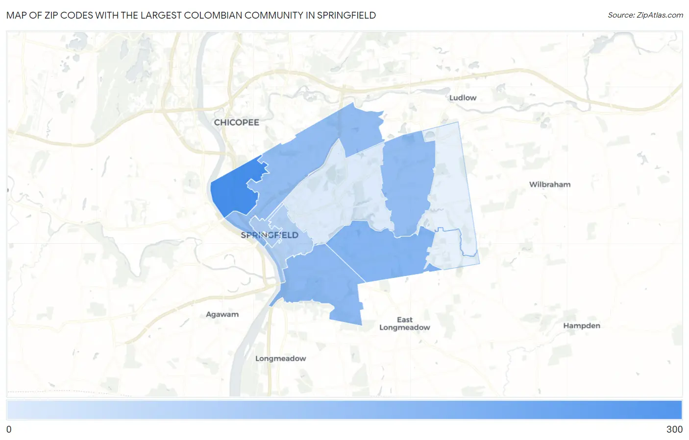 Zip Codes with the Largest Colombian Community in Springfield Map