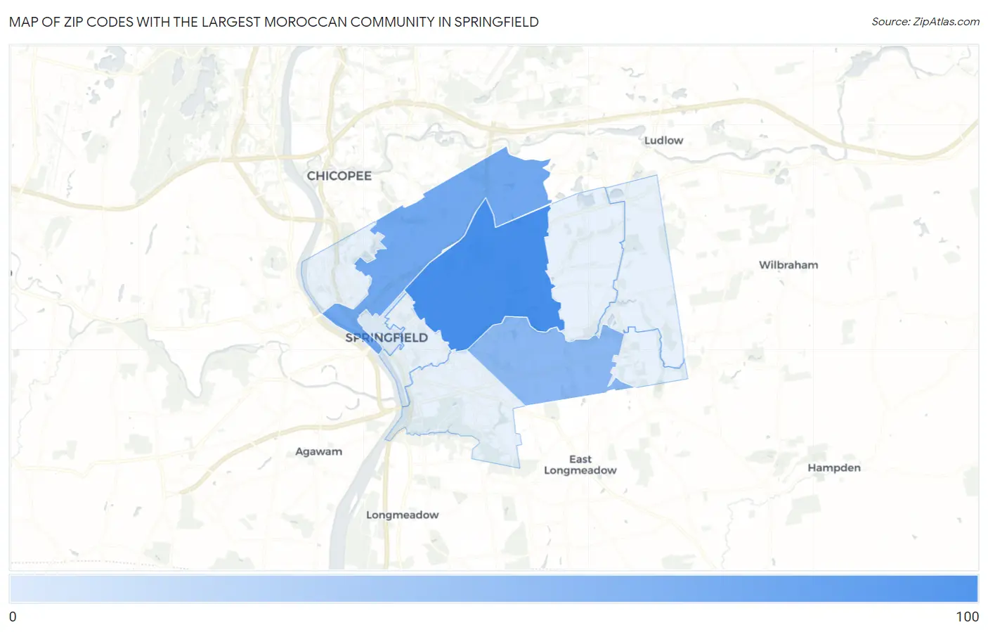 Zip Codes with the Largest Moroccan Community in Springfield Map
