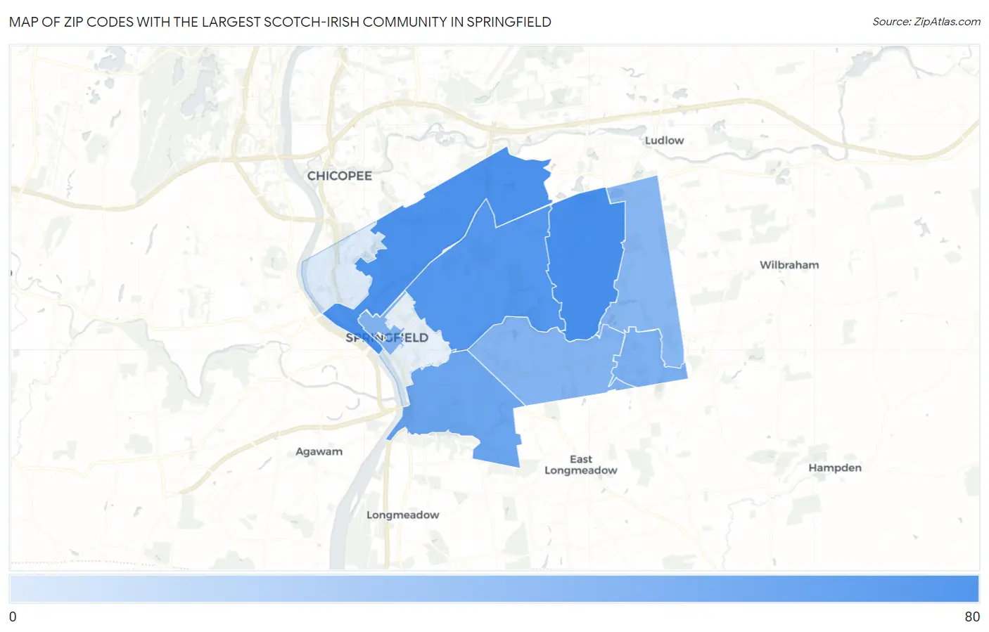 Zip Codes with the Largest Scotch-Irish Community in Springfield Map