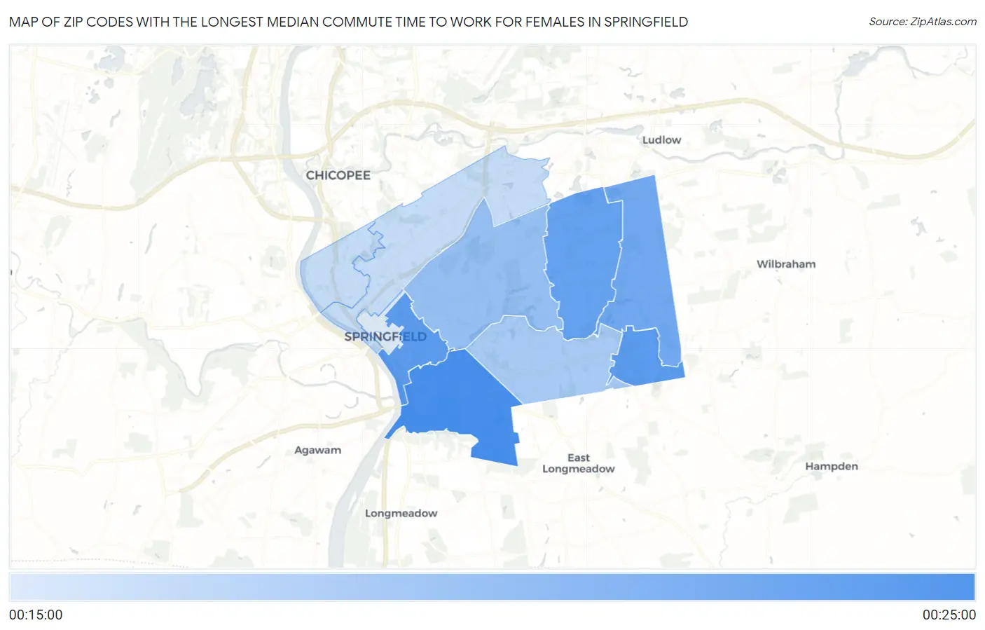 Zip Codes with the Longest Median Commute Time to Work for Females in Springfield Map
