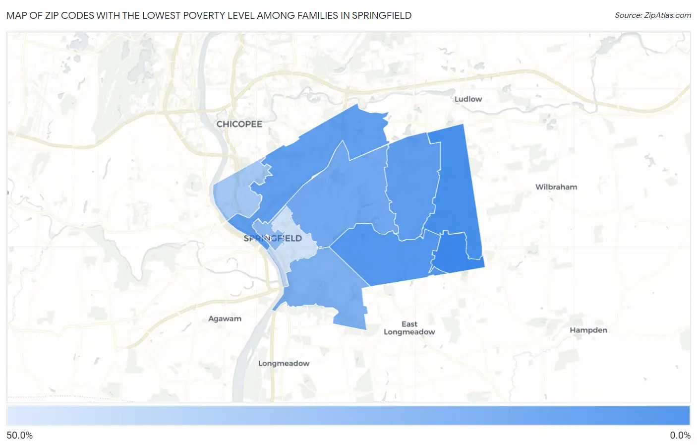 Zip Codes with the Lowest Poverty Level Among Families in Springfield Map