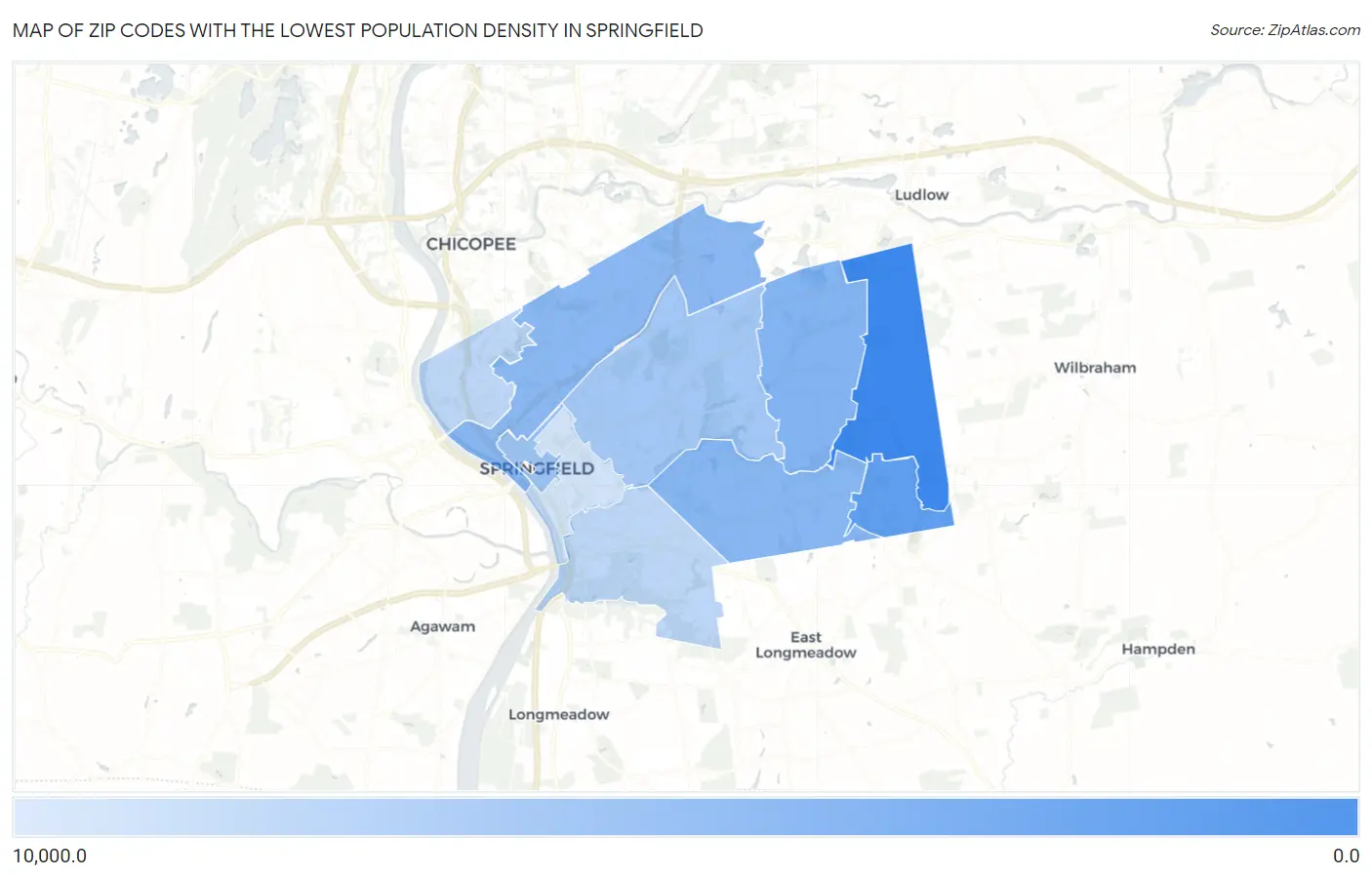 Zip Codes with the Lowest Population Density in Springfield Map