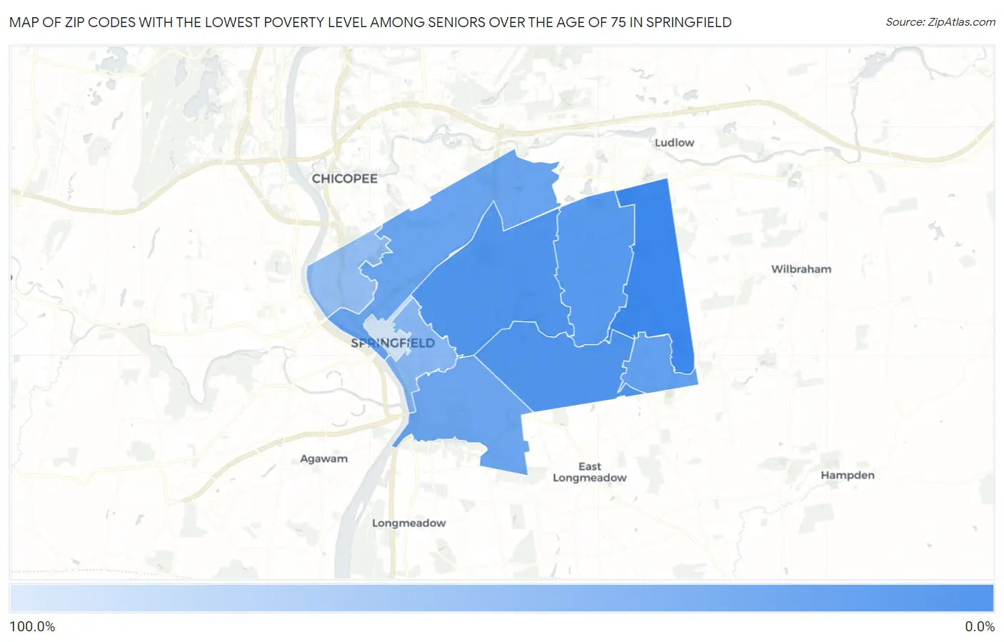 Zip Codes with the Lowest Poverty Level Among Seniors Over the Age of 75 in Springfield Map