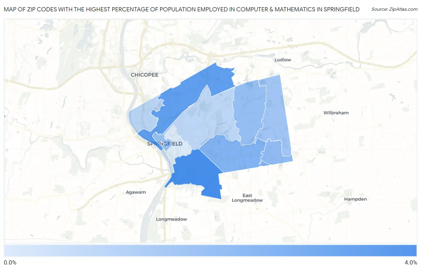 Zip Codes with the Highest Percentage of Population Employed in Computer & Mathematics in Springfield Map