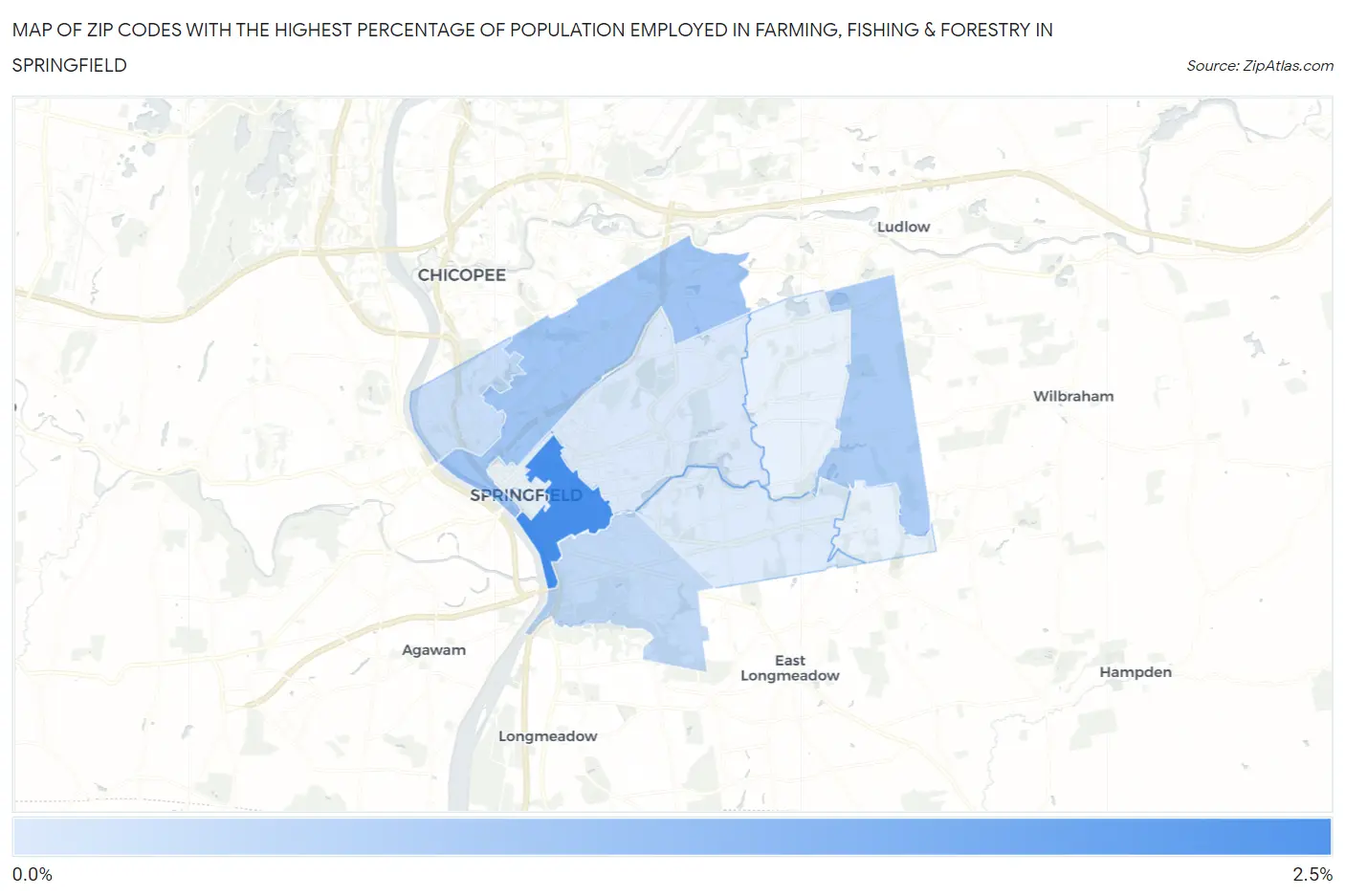 Zip Codes with the Highest Percentage of Population Employed in Farming, Fishing & Forestry in Springfield Map
