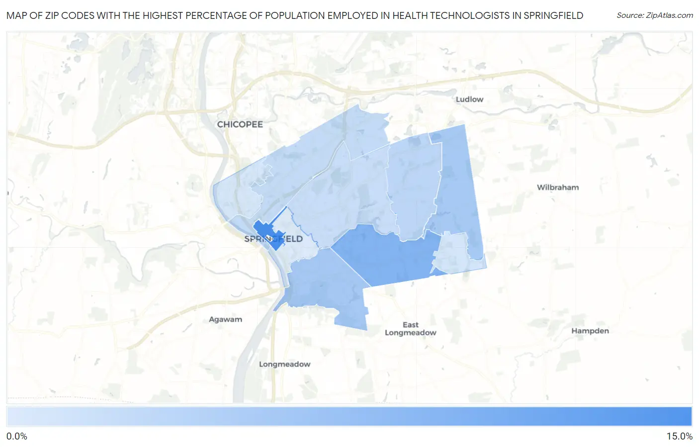 Zip Codes with the Highest Percentage of Population Employed in Health Technologists in Springfield Map