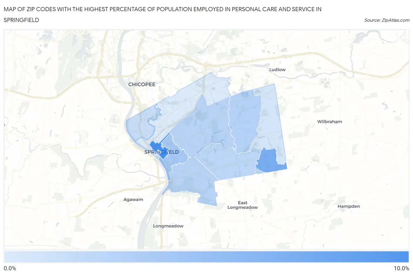 Zip Codes with the Highest Percentage of Population Employed in Personal Care and Service in Springfield Map