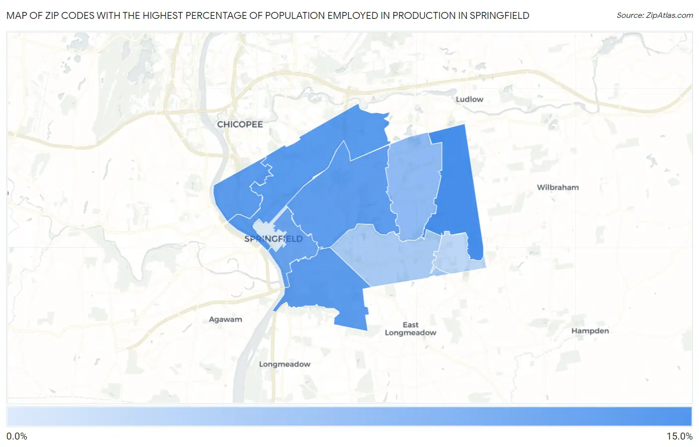 Zip Codes with the Highest Percentage of Population Employed in Production in Springfield Map