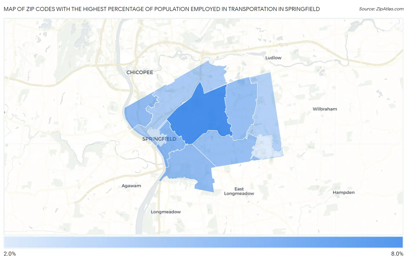 Zip Codes with the Highest Percentage of Population Employed in Transportation in Springfield Map