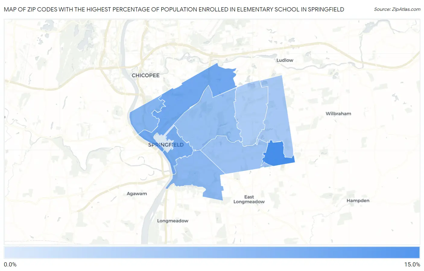 Zip Codes with the Highest Percentage of Population Enrolled in Elementary School in Springfield Map