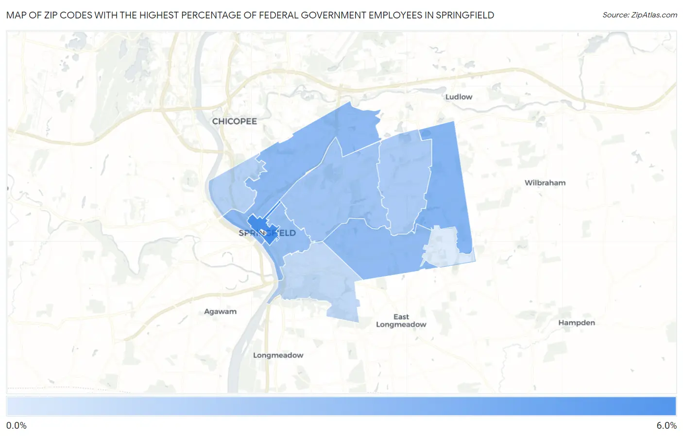 Zip Codes with the Highest Percentage of Federal Government Employees in Springfield Map