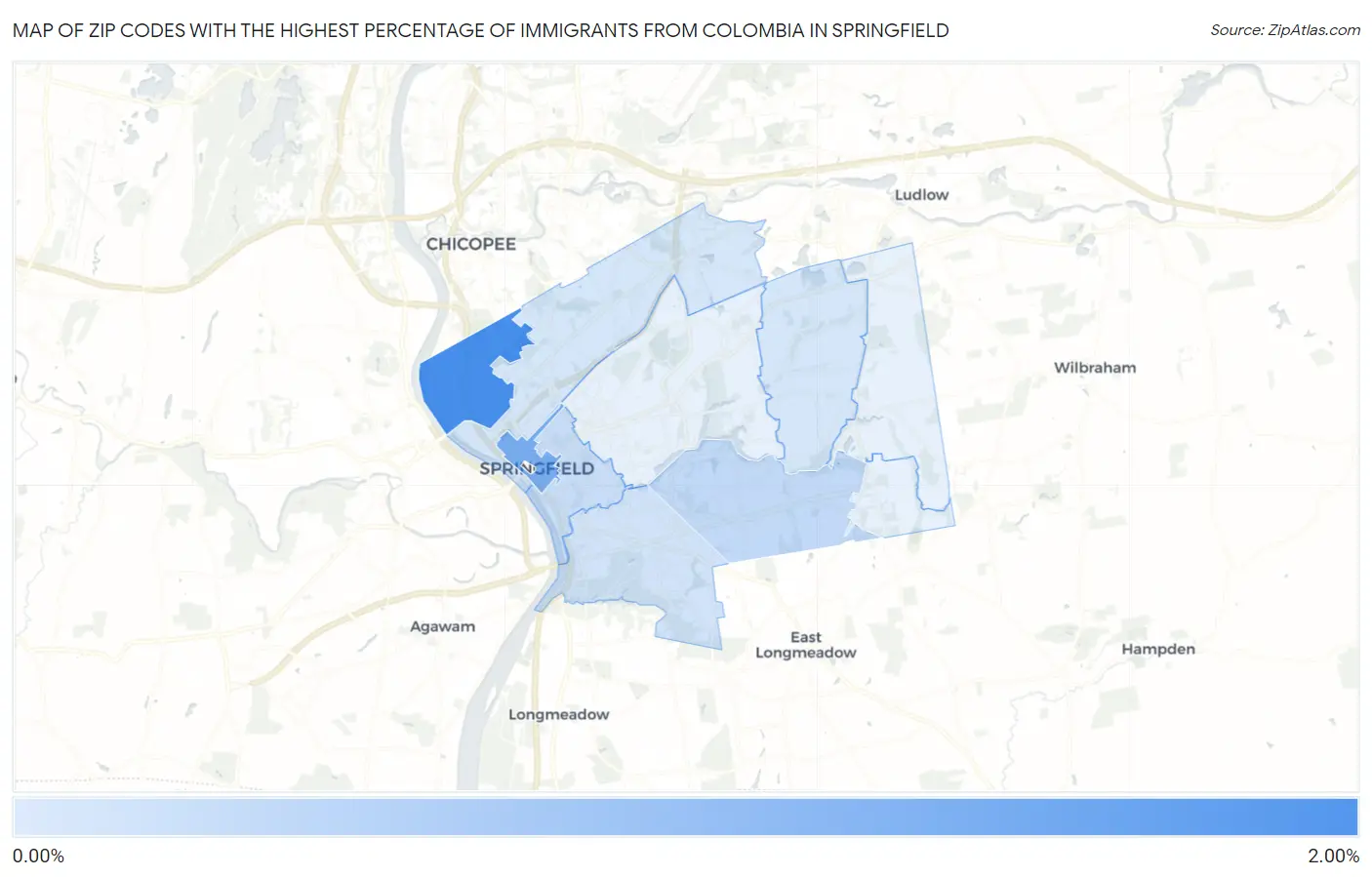 Zip Codes with the Highest Percentage of Immigrants from Colombia in Springfield Map