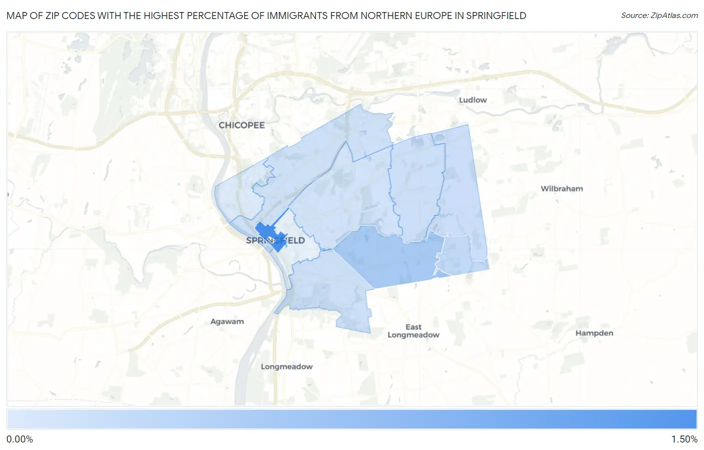 Zip Codes with the Highest Percentage of Immigrants from Northern Europe in Springfield Map