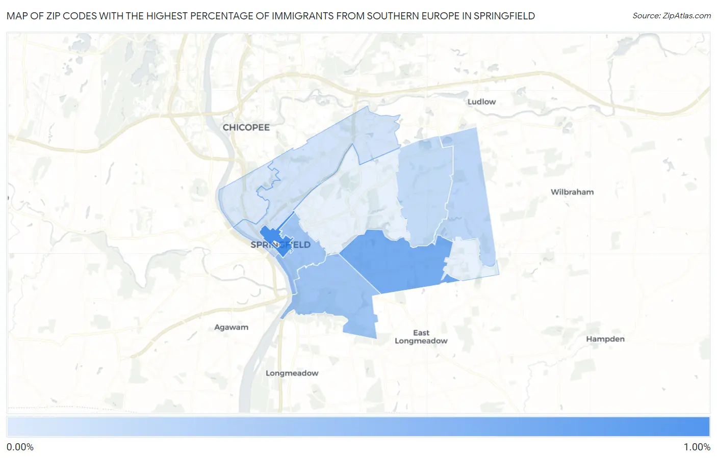 Zip Codes with the Highest Percentage of Immigrants from Southern Europe in Springfield Map