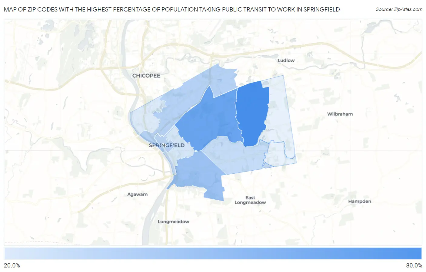 Zip Codes with the Highest Percentage of Population Taking Public Transit to Work in Springfield Map