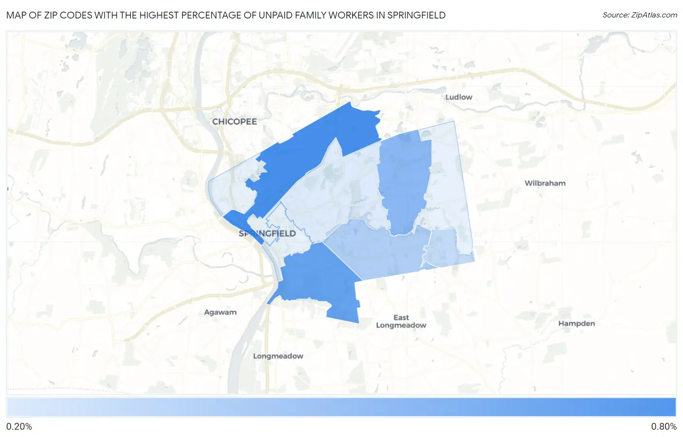 Zip Codes with the Highest Percentage of Unpaid Family Workers in Springfield Map