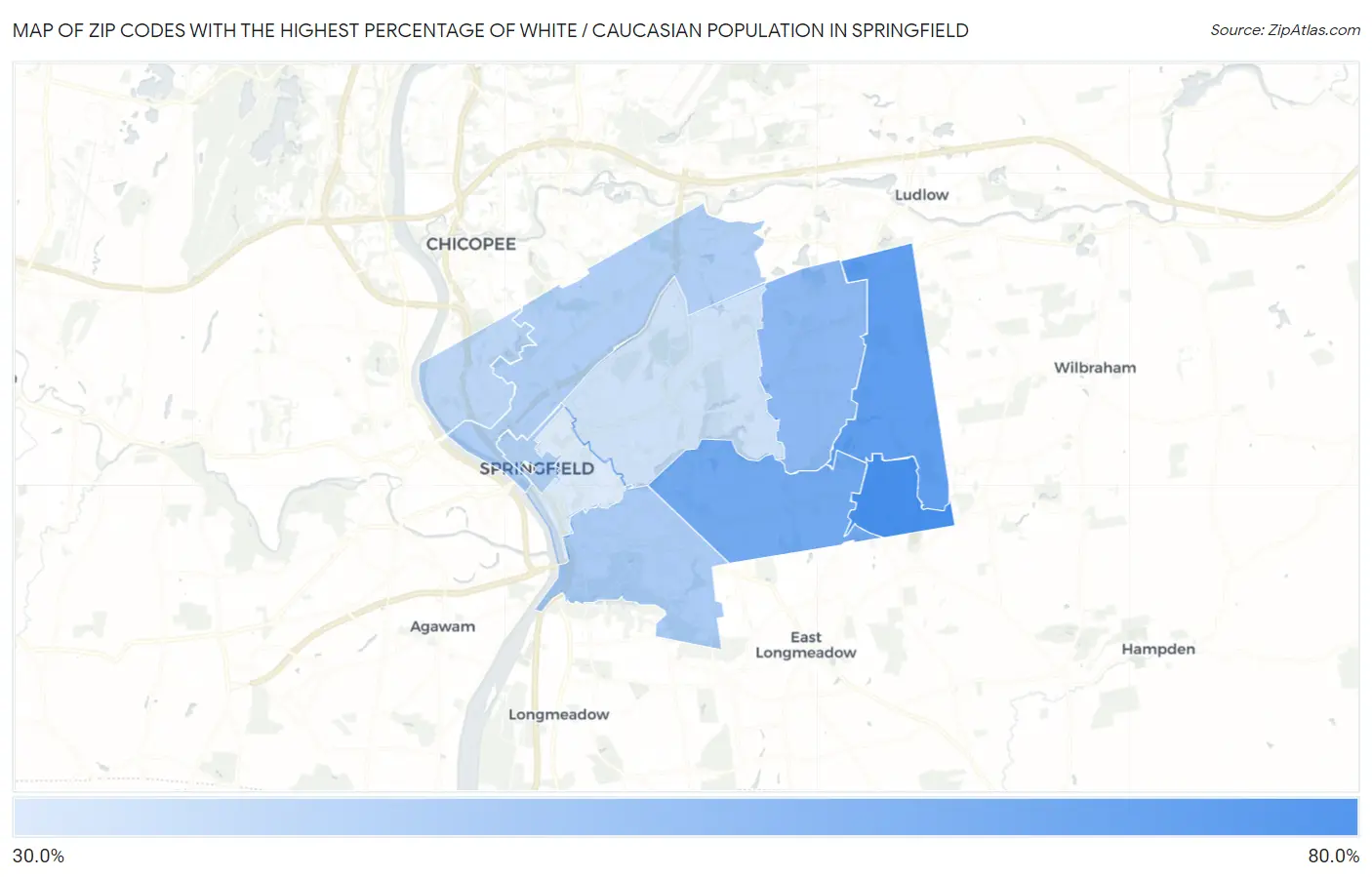 Zip Codes with the Highest Percentage of White / Caucasian Population in Springfield Map