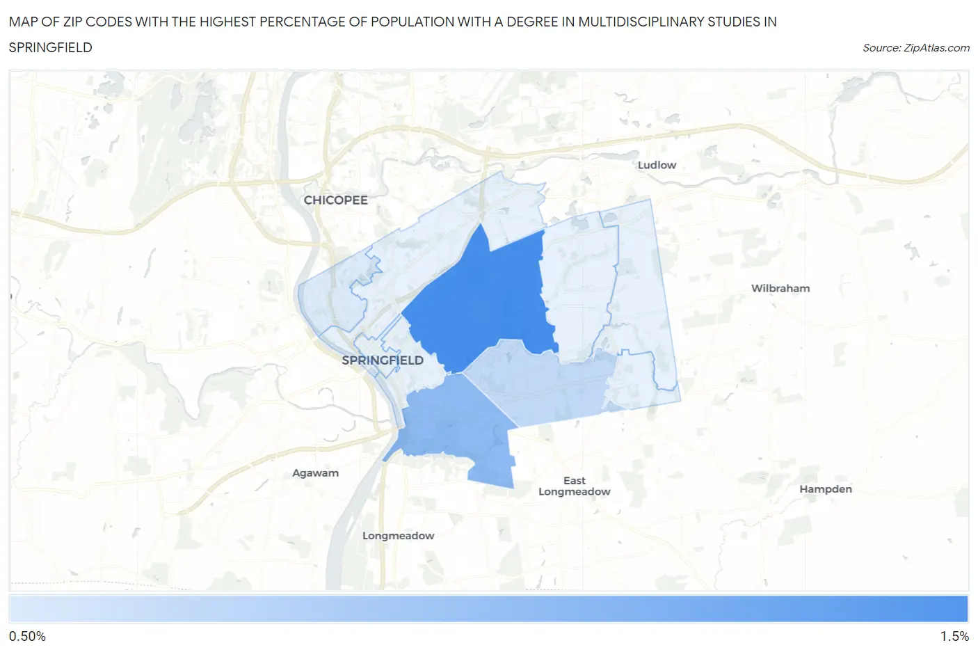 Zip Codes with the Highest Percentage of Population with a Degree in Multidisciplinary Studies in Springfield Map