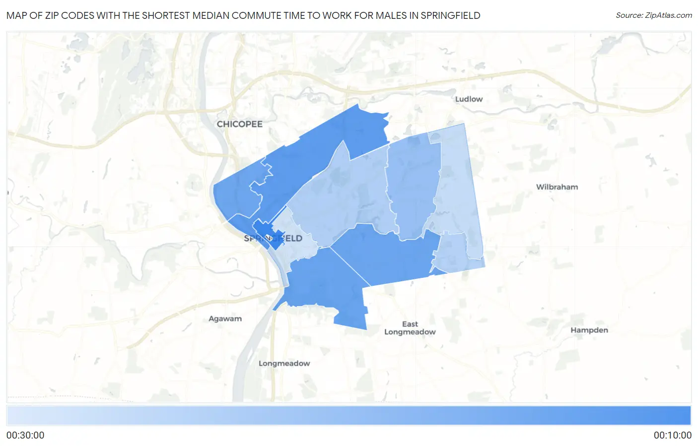 Zip Codes with the Shortest Median Commute Time to Work for Males in Springfield Map