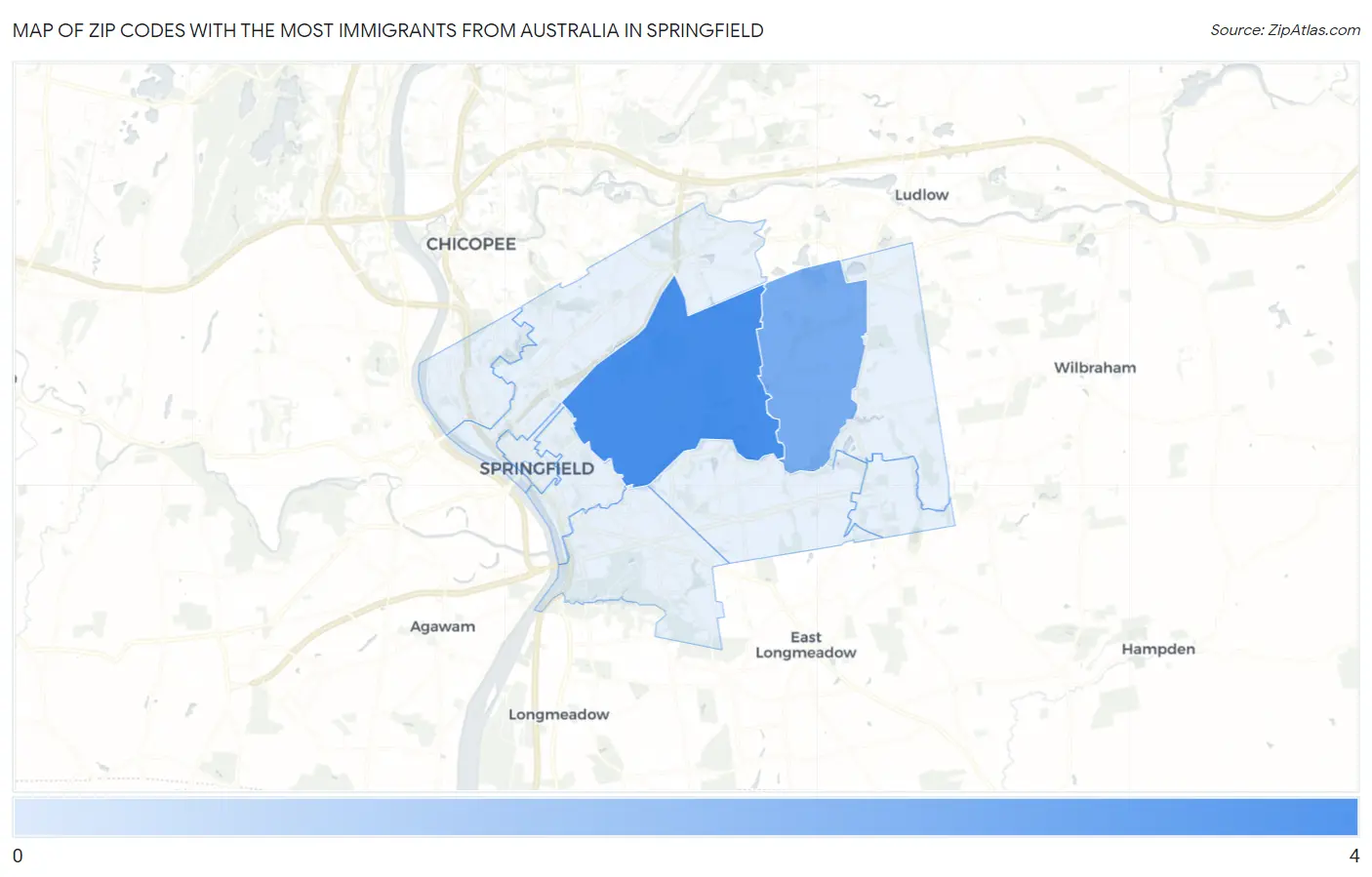 Zip Codes with the Most Immigrants from Australia in Springfield Map