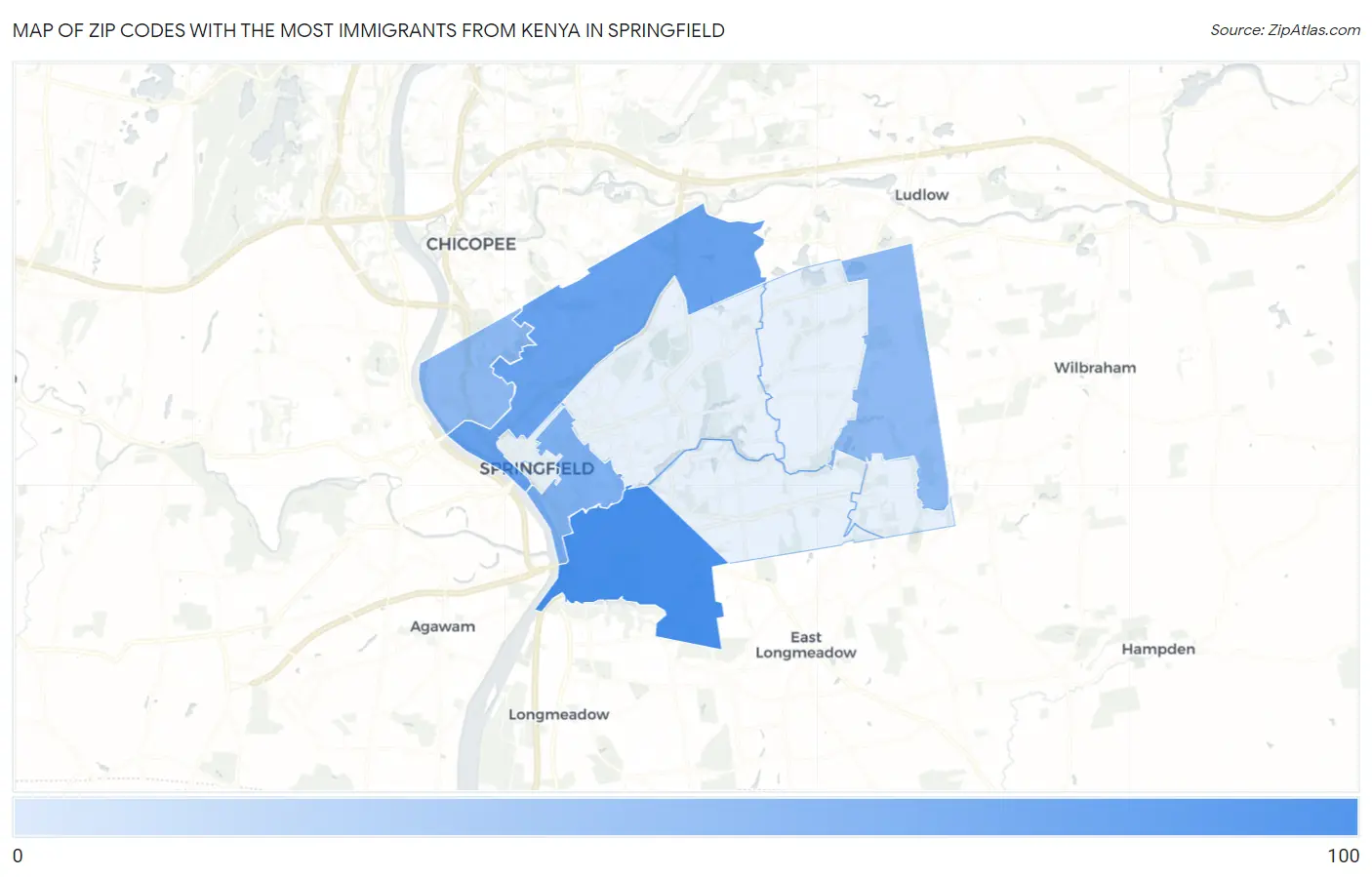 Zip Codes with the Most Immigrants from Kenya in Springfield Map