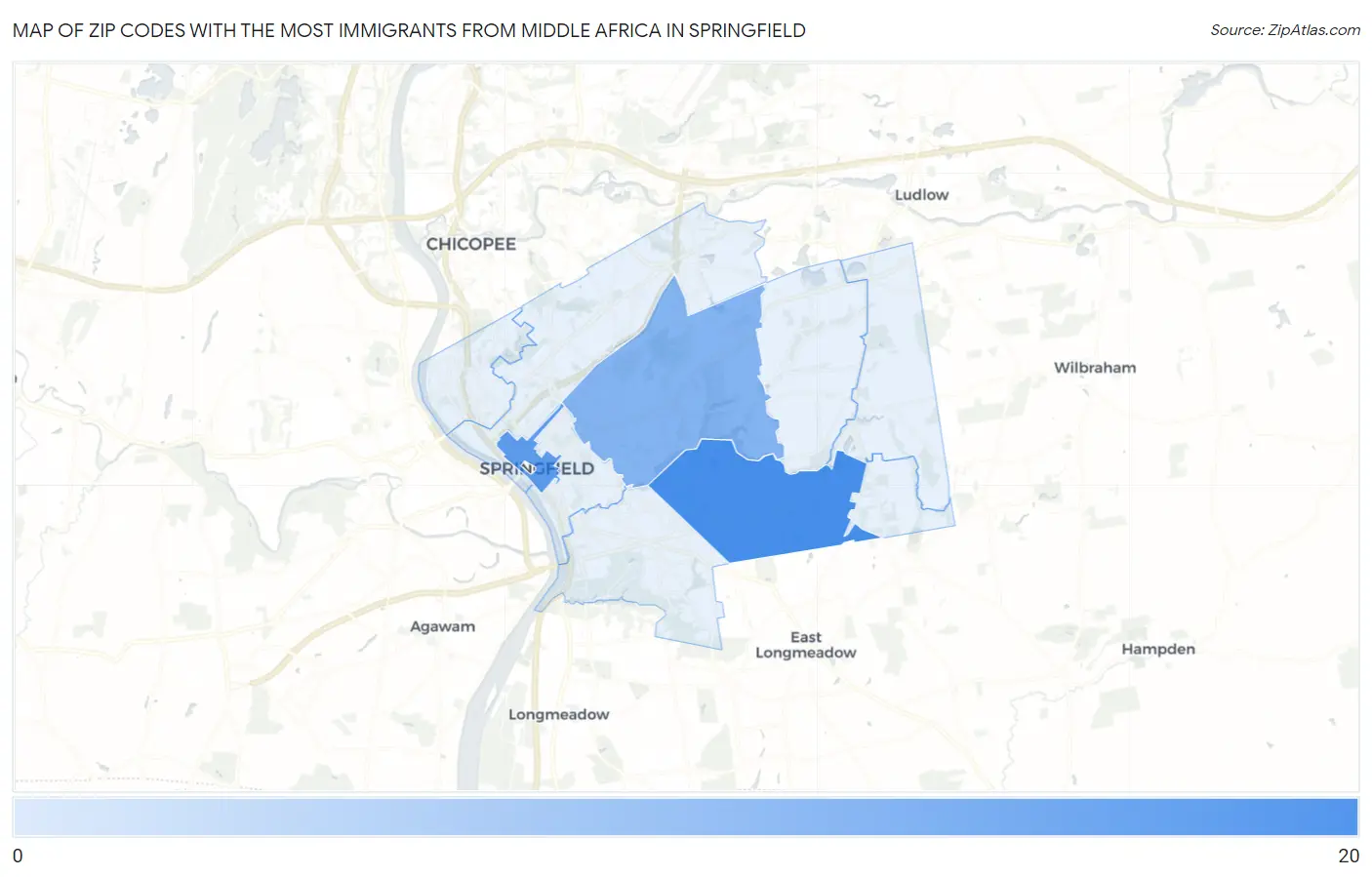 Zip Codes with the Most Immigrants from Middle Africa in Springfield Map