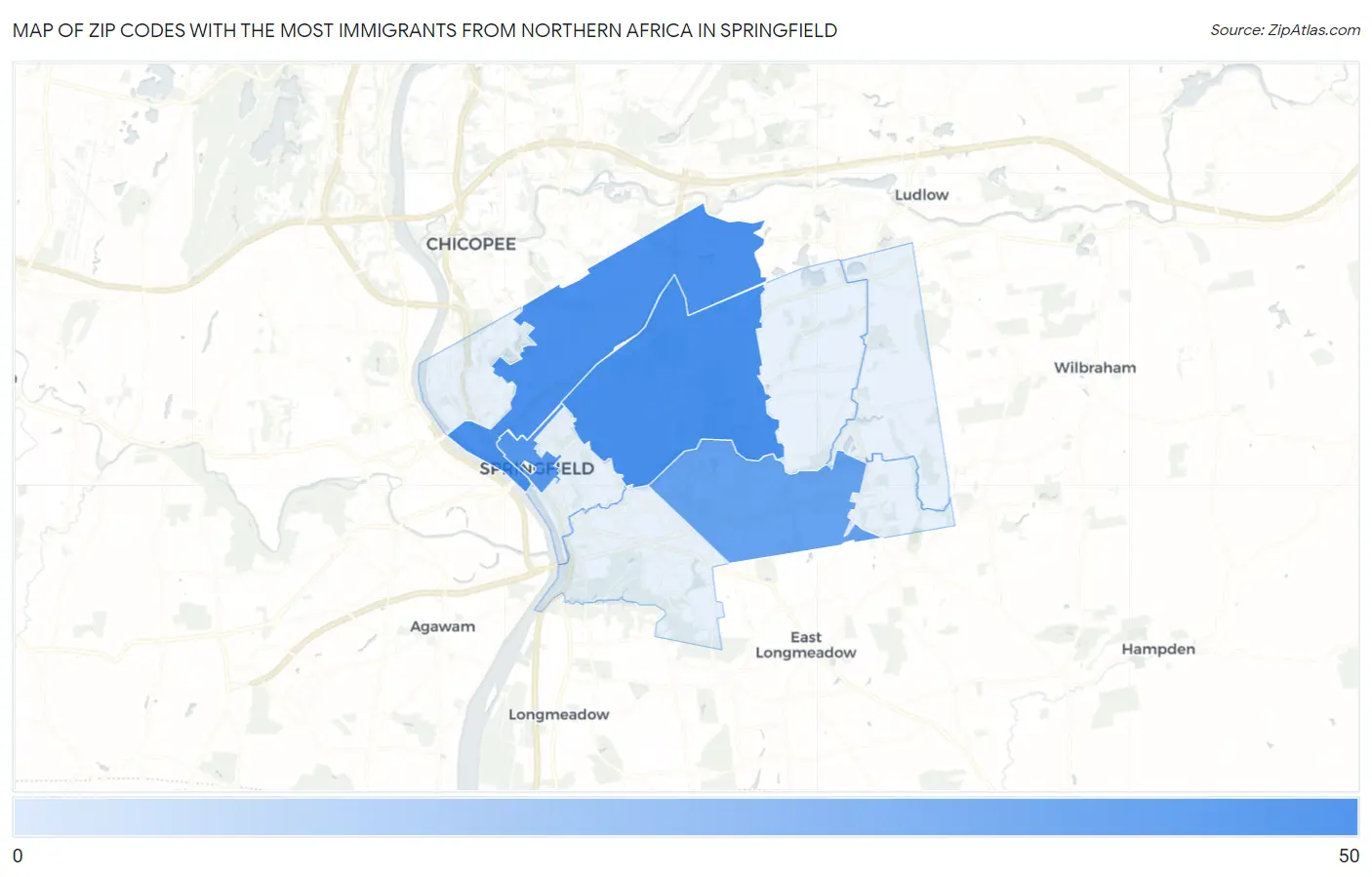 Zip Codes with the Most Immigrants from Northern Africa in Springfield Map