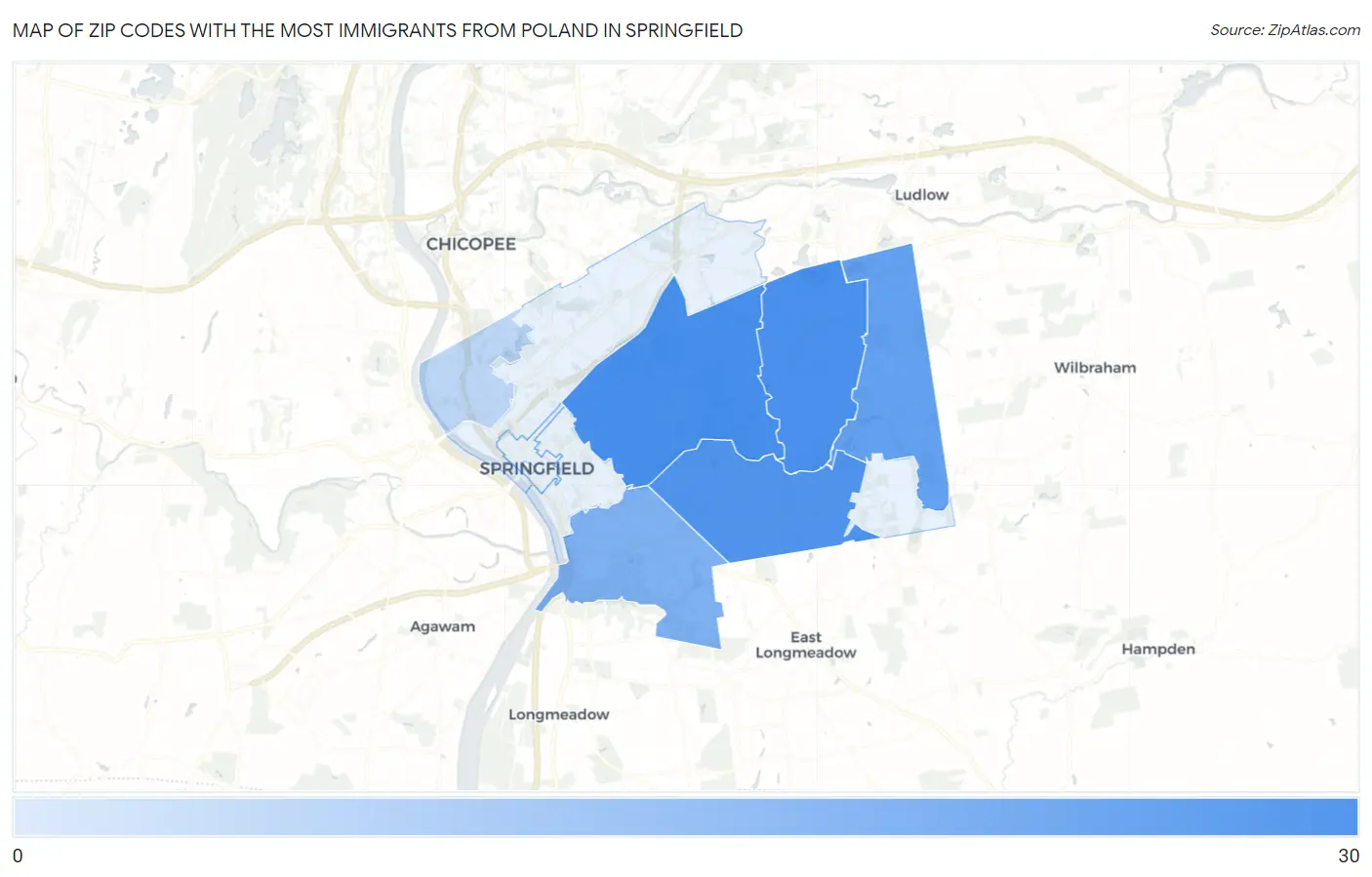 Zip Codes with the Most Immigrants from Poland in Springfield Map