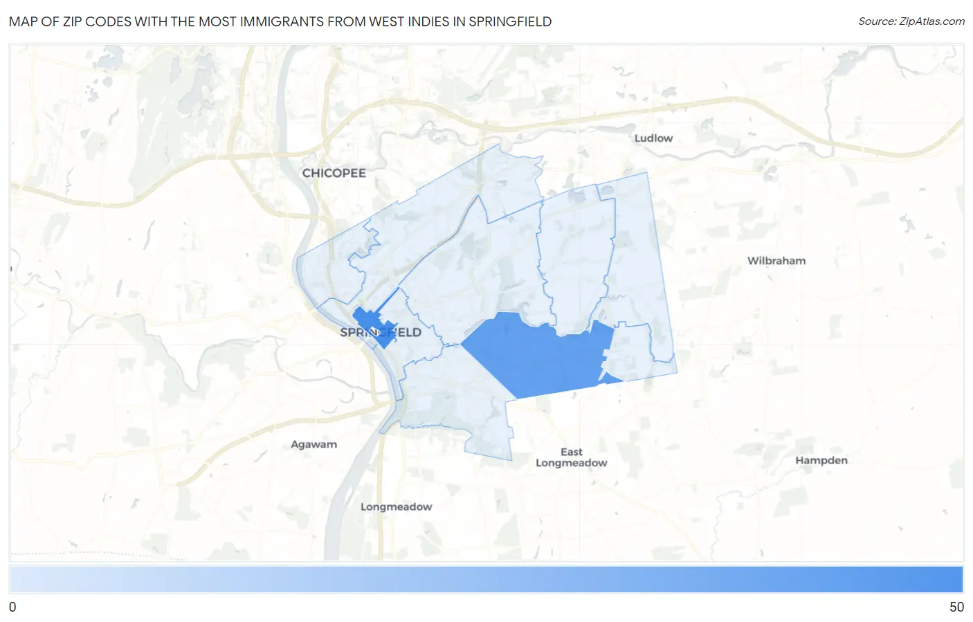 Zip Codes with the Most Immigrants from West Indies in Springfield Map