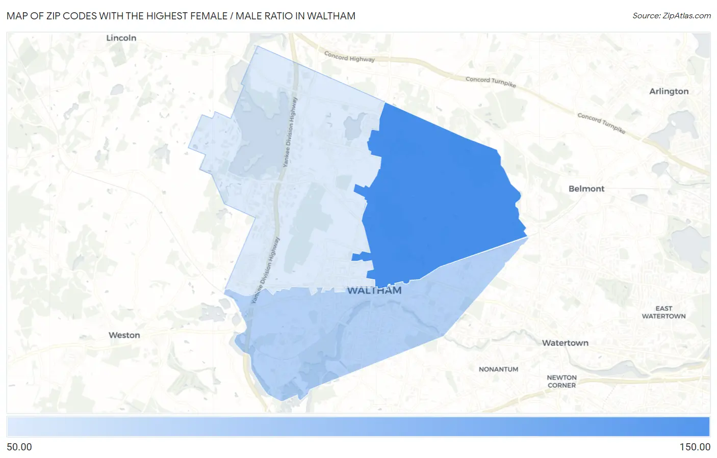 Zip Codes with the Highest Female / Male Ratio in Waltham Map