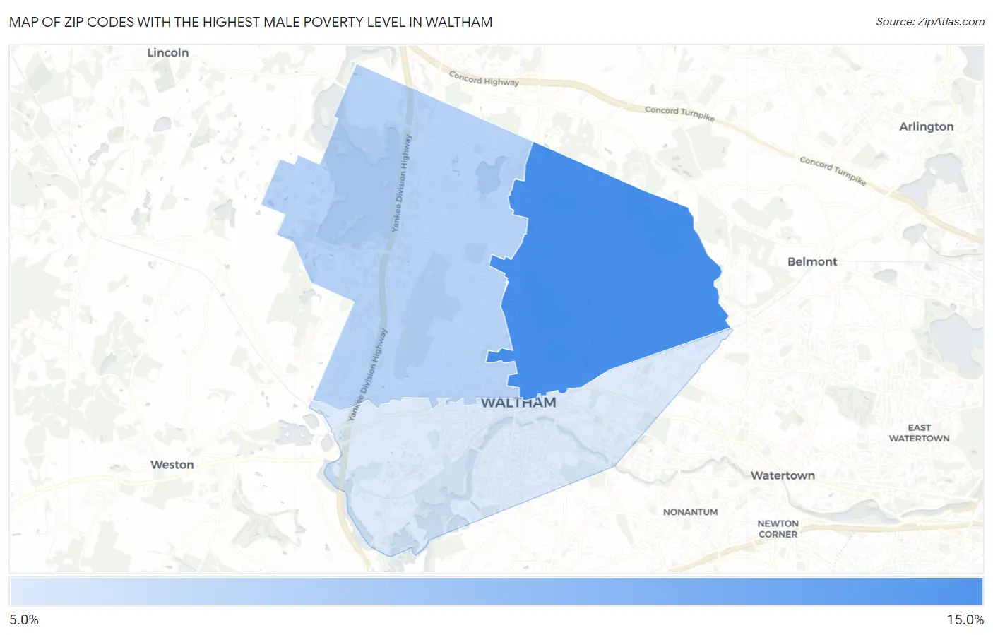 Zip Codes with the Highest Male Poverty Level in Waltham Map