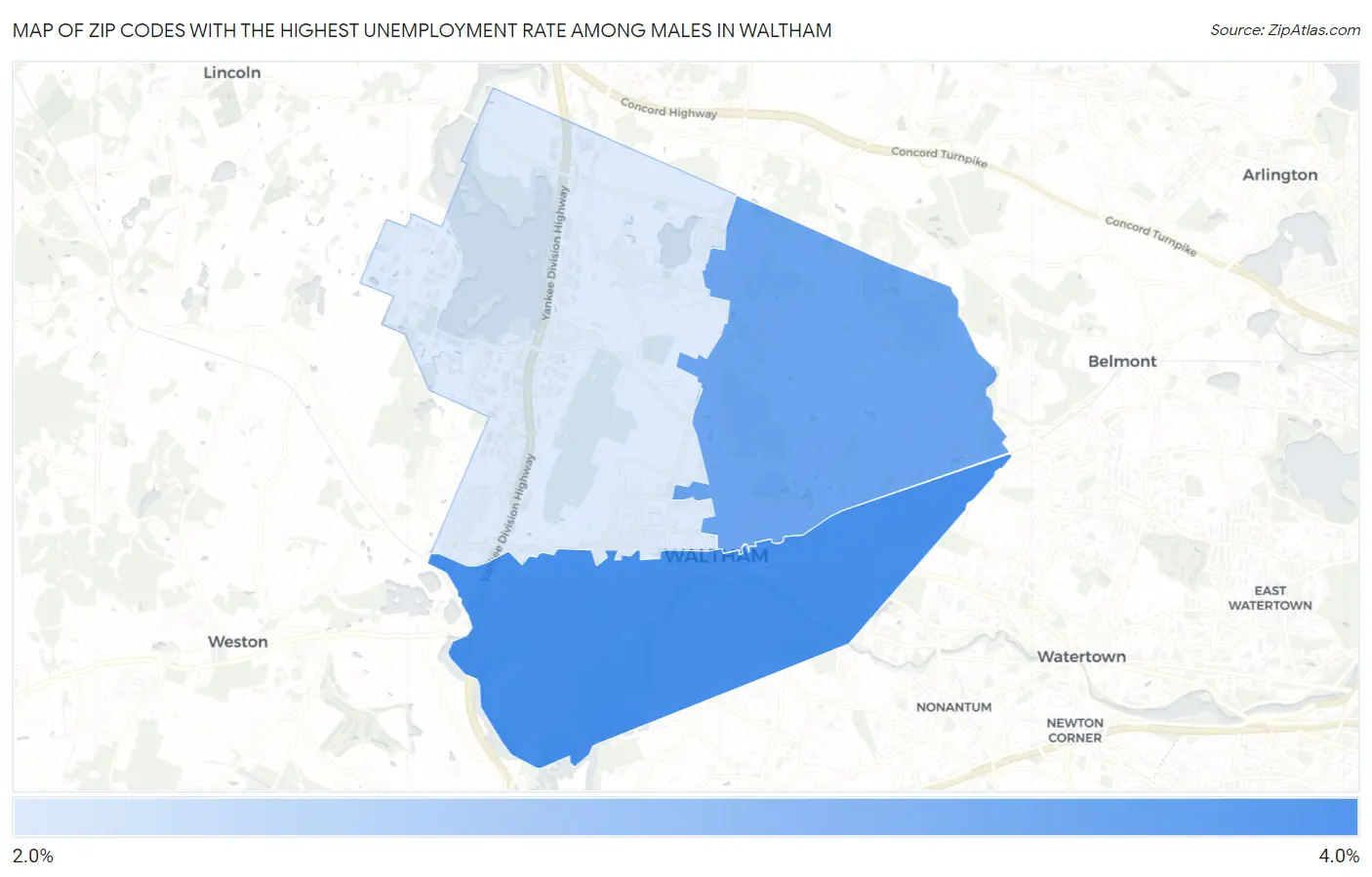 Zip Codes with the Highest Unemployment Rate Among Males in Waltham Map