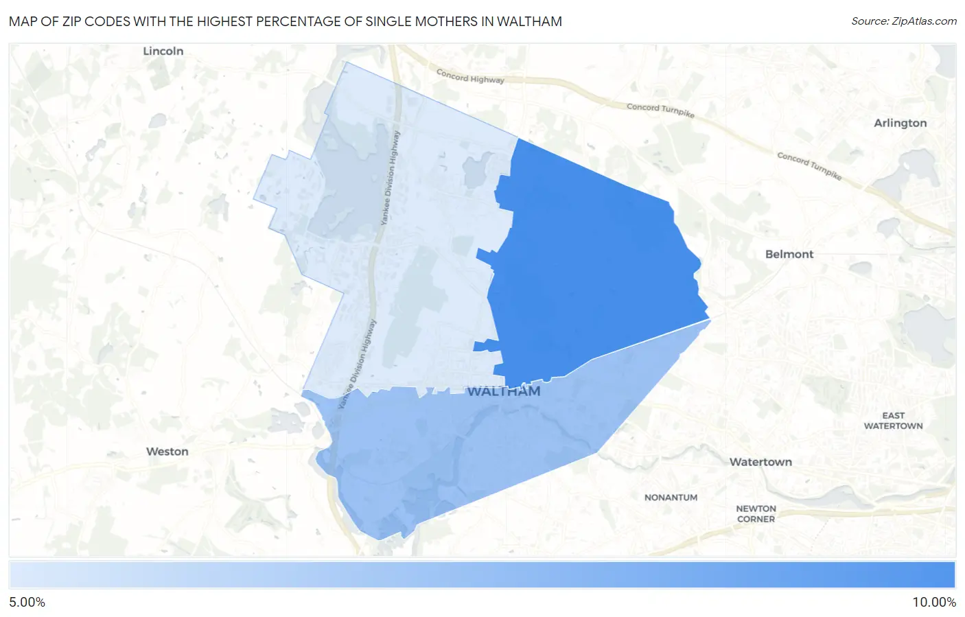 Zip Codes with the Highest Percentage of Single Mothers in Waltham Map