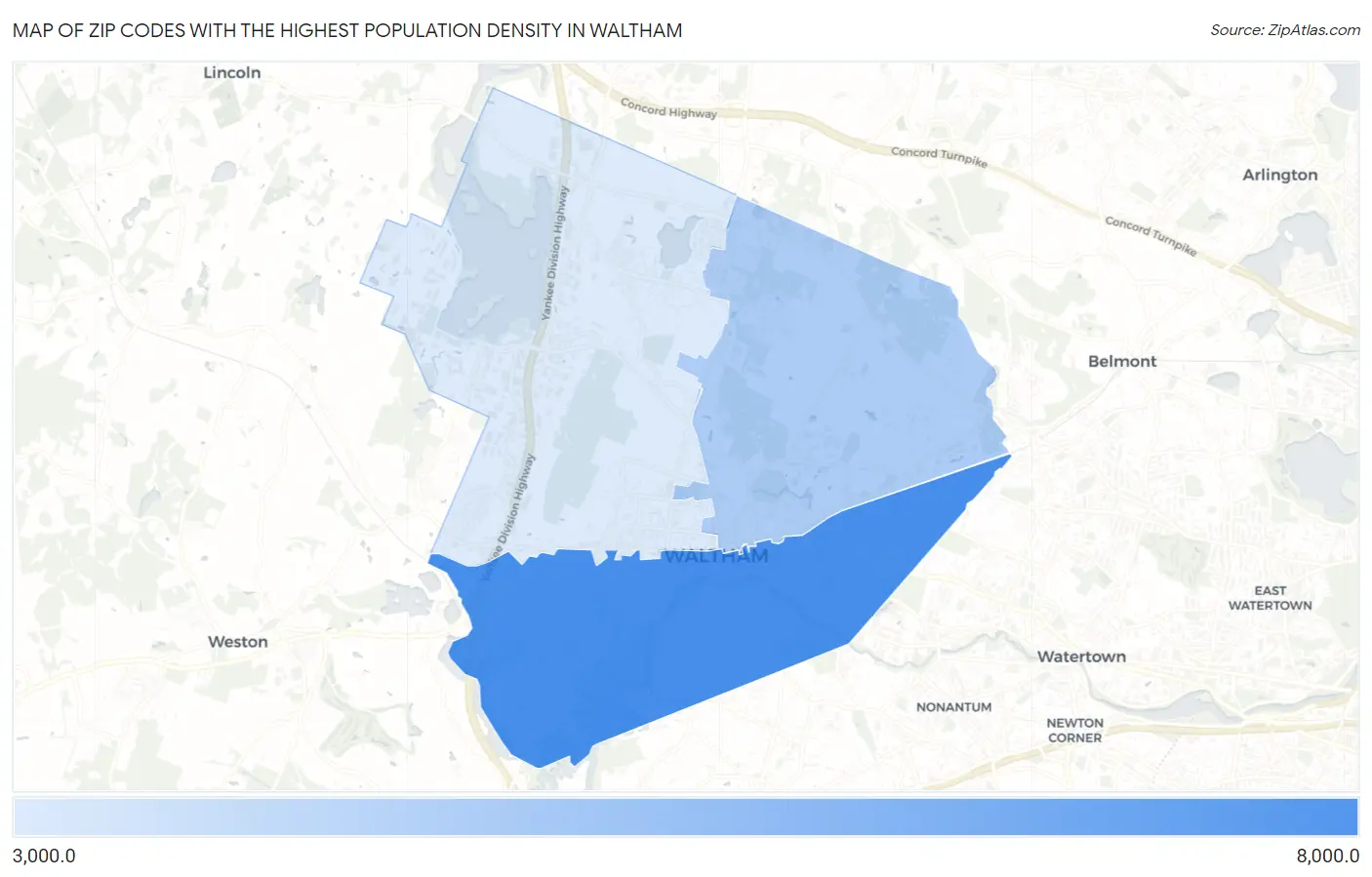 Zip Codes with the Highest Population Density in Waltham Map
