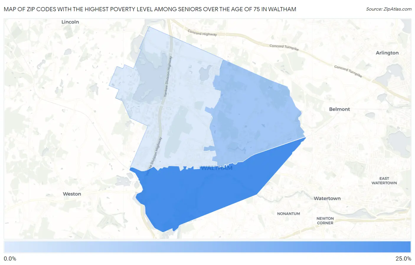 Zip Codes with the Highest Poverty Level Among Seniors Over the Age of 75 in Waltham Map