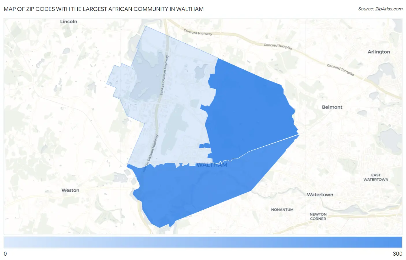 Zip Codes with the Largest African Community in Waltham Map