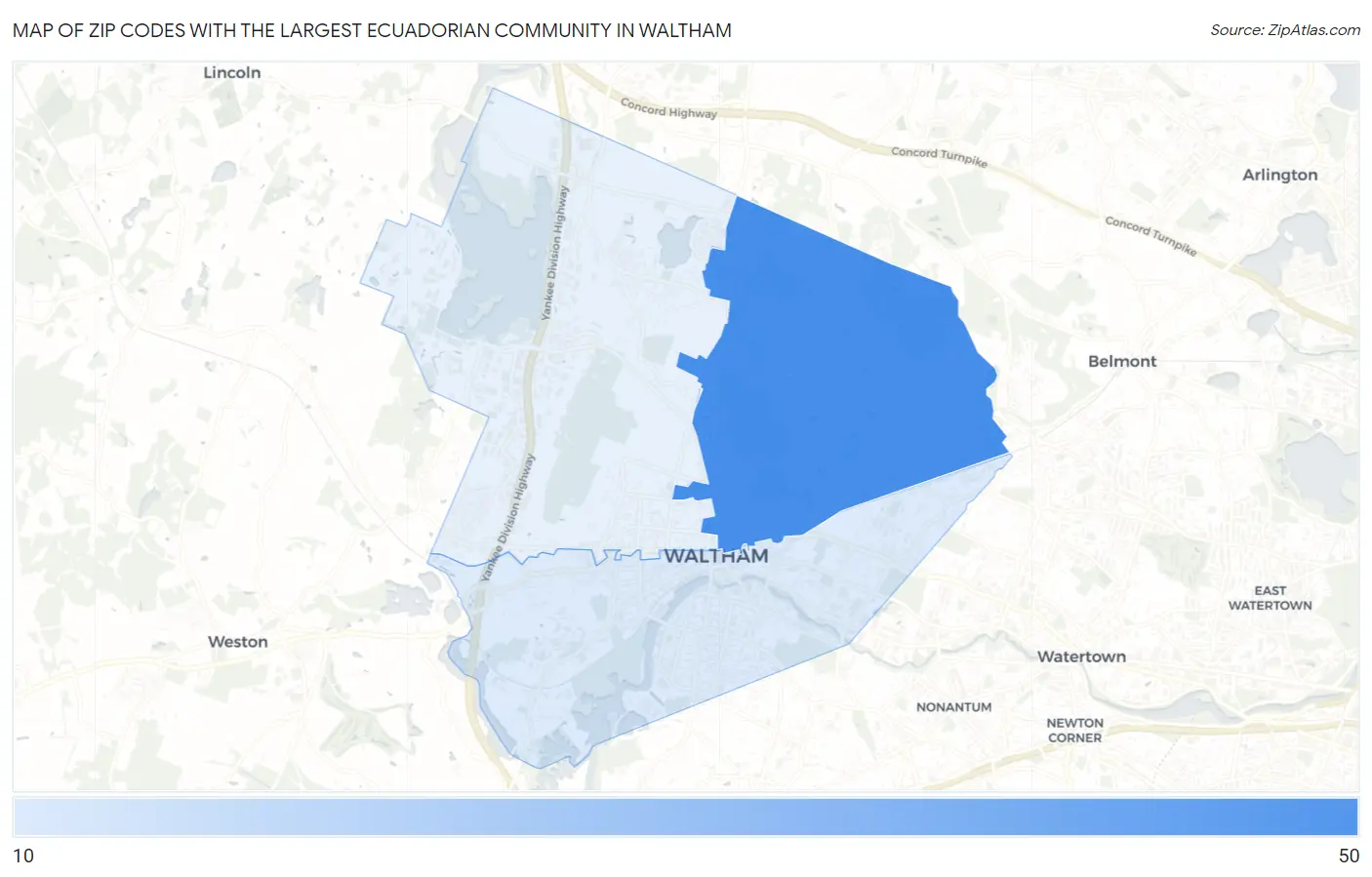 Zip Codes with the Largest Ecuadorian Community in Waltham Map