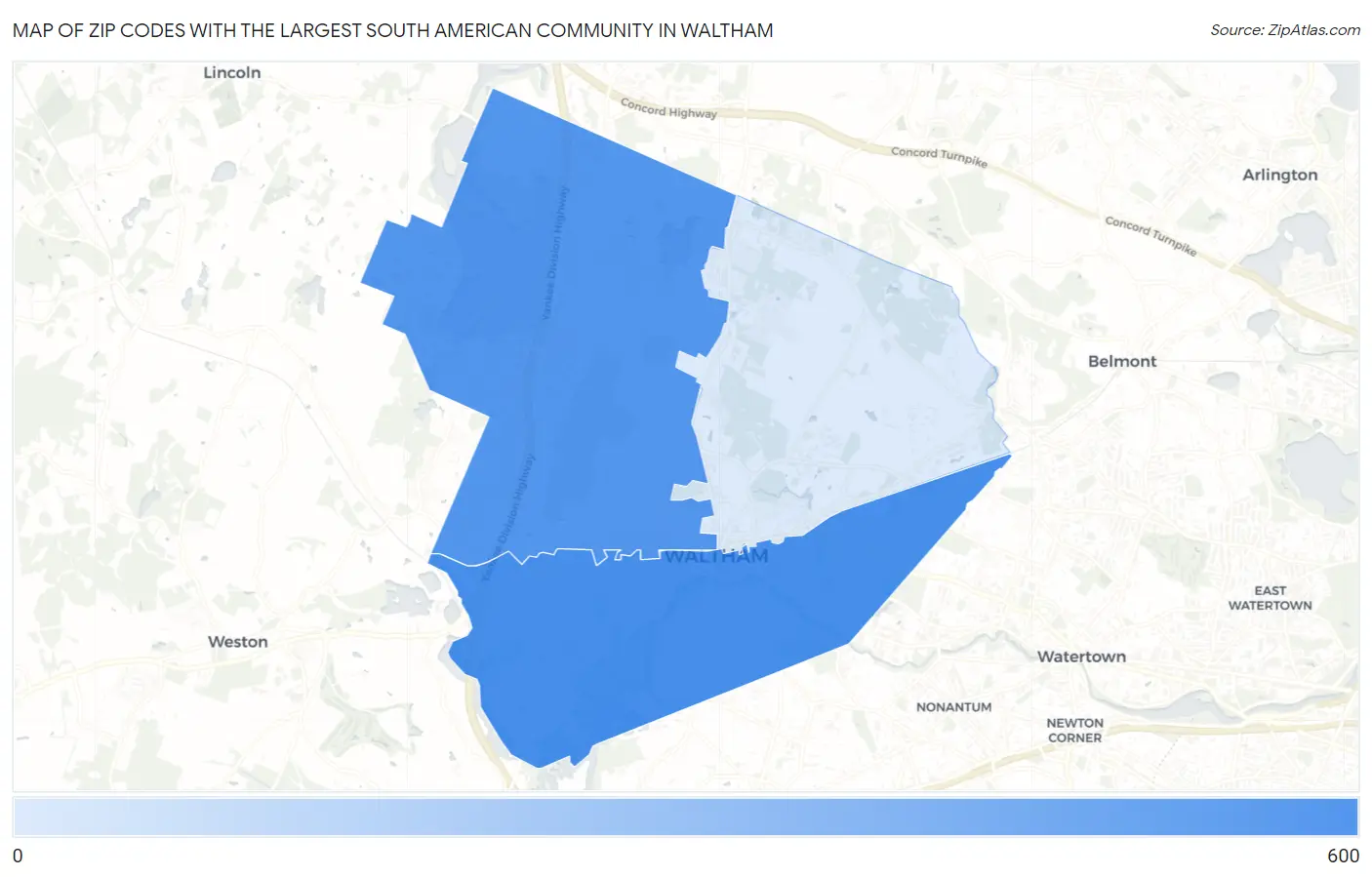 Zip Codes with the Largest South American Community in Waltham Map