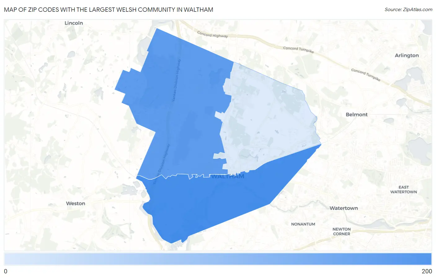 Zip Codes with the Largest Welsh Community in Waltham Map