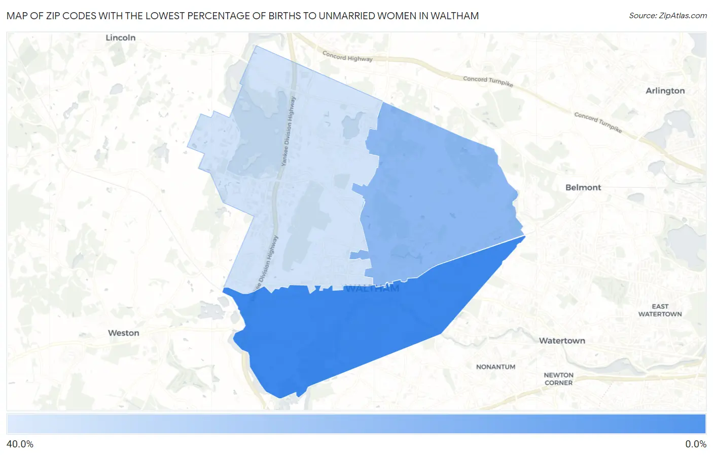 Zip Codes with the Lowest Percentage of Births to Unmarried Women in Waltham Map
