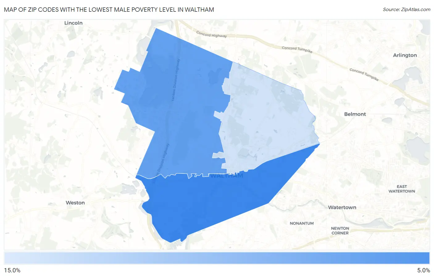 Zip Codes with the Lowest Male Poverty Level in Waltham Map