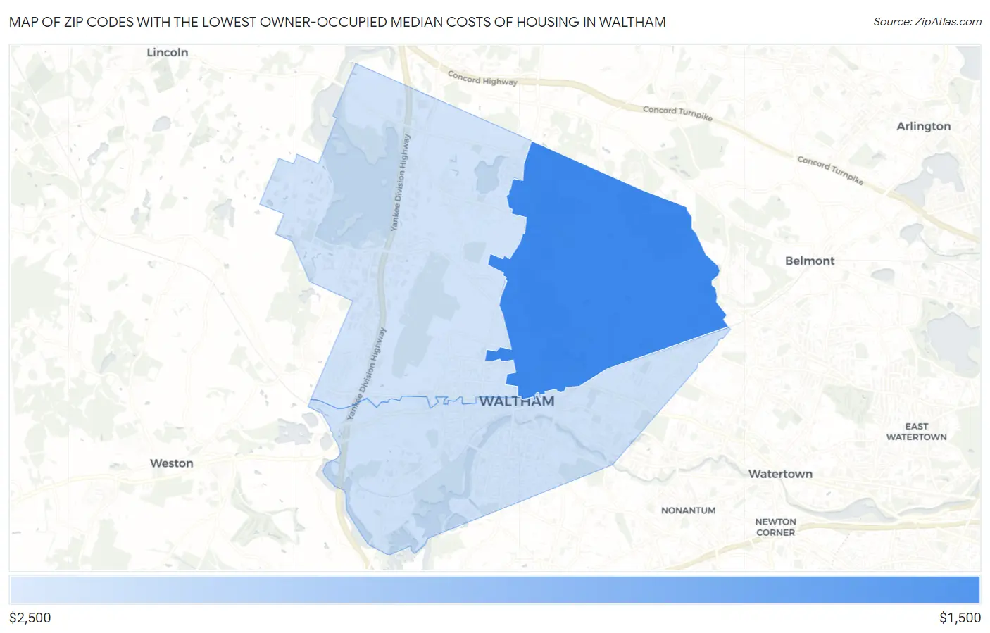 Zip Codes with the Lowest Owner-Occupied Median Costs of Housing in Waltham Map