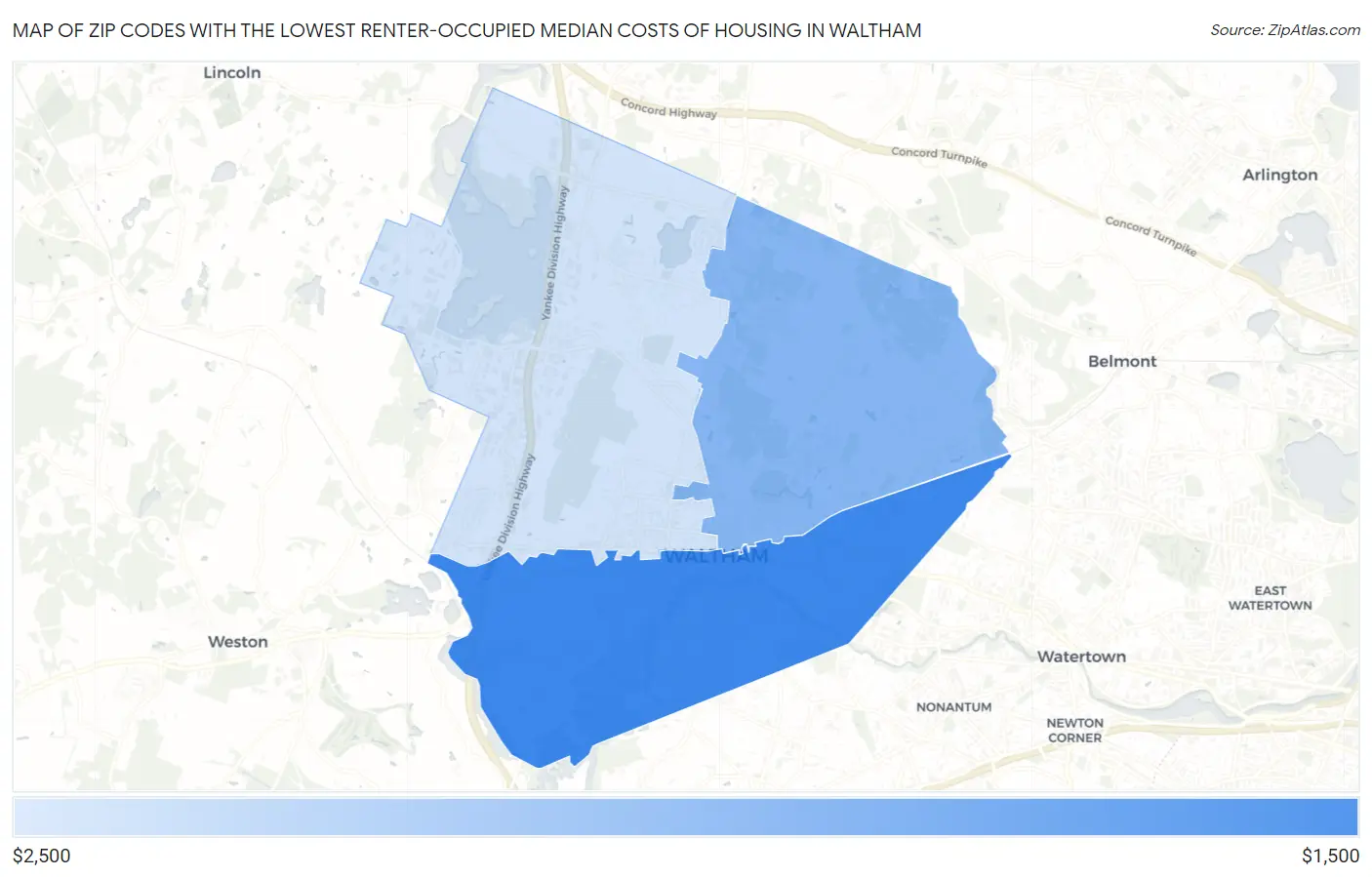 Zip Codes with the Lowest Renter-Occupied Median Costs of Housing in Waltham Map