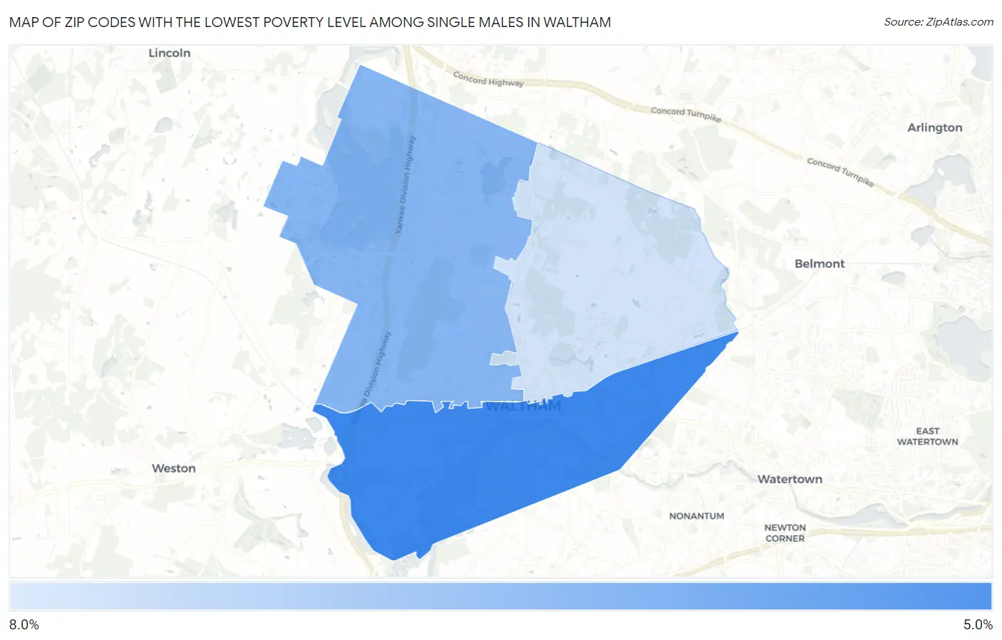 Zip Codes with the Lowest Poverty Level Among Single Males in Waltham Map
