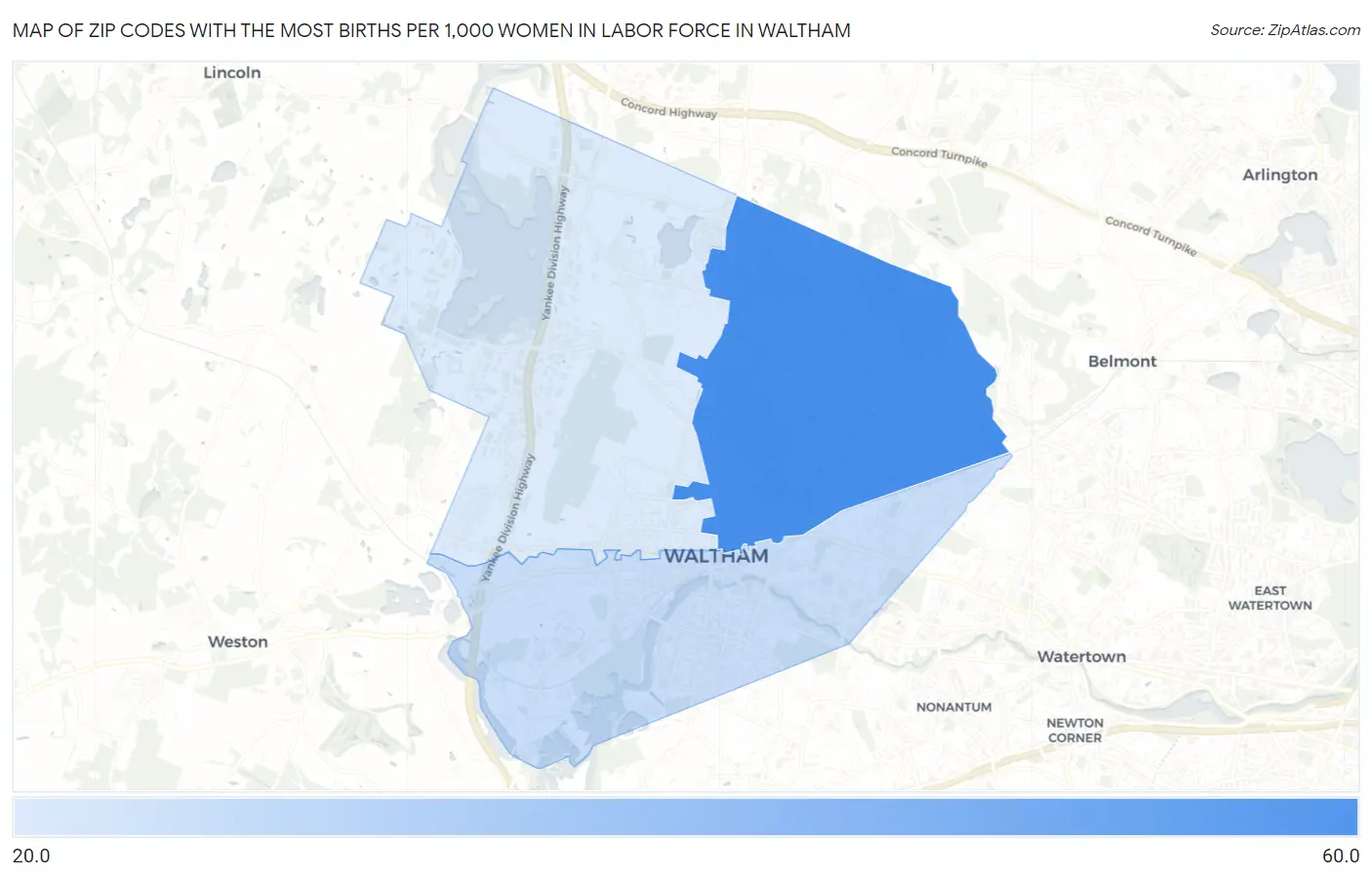 Zip Codes with the Most Births per 1,000 Women in Labor Force in Waltham Map