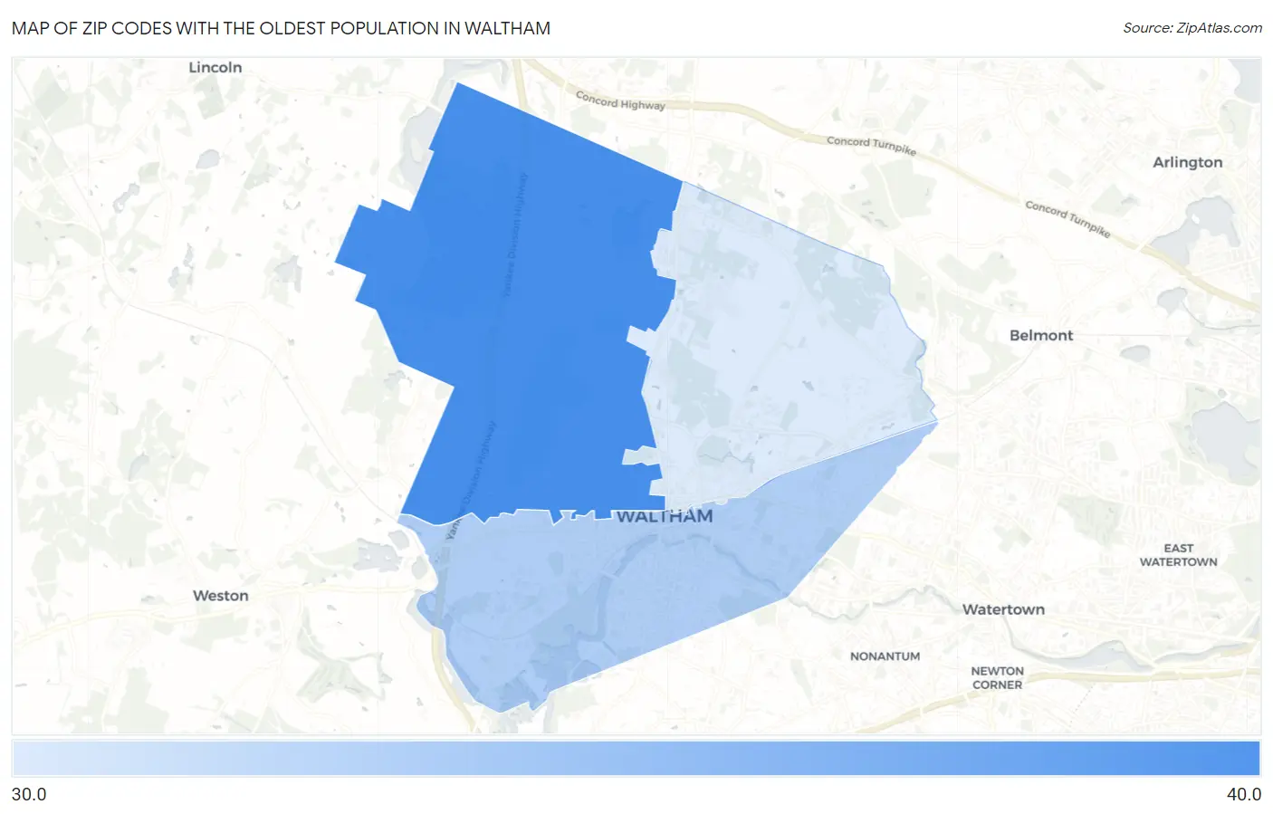 Zip Codes with the Oldest Population in Waltham Map